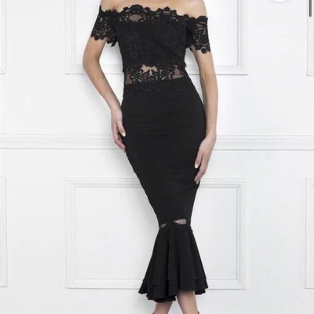NICOLE BAKTI 634 FLORAL LACE NUDE ILLUSION MESH OFF SHOULDER DRESS